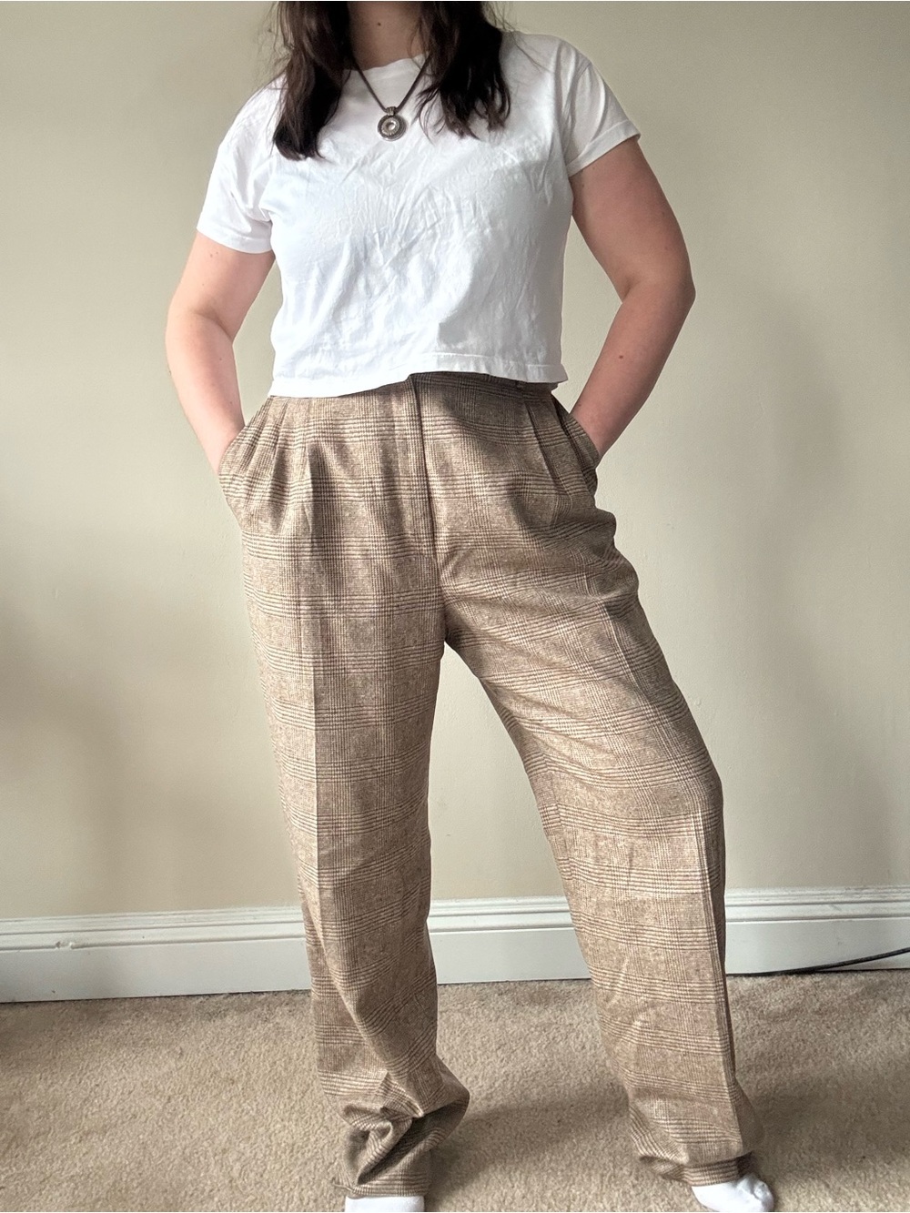 Vintage Saks High-Rise Plaid Wide-Leg Pants in Beige